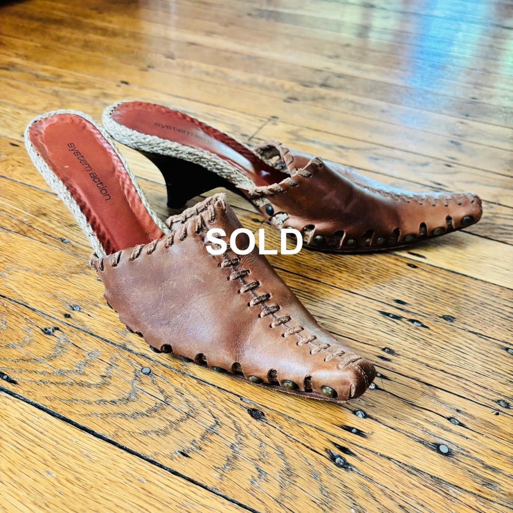 Brown Leather Wedge Mules